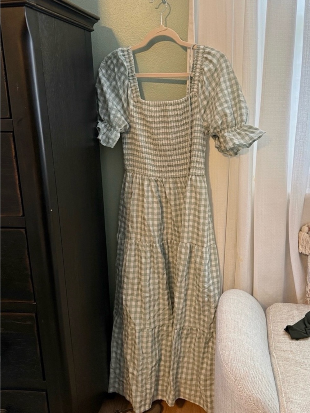 Amazon Sage Green Gingham Smocked Maxi Dress